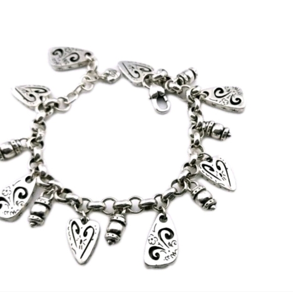 Brighton Brazilian Heart Charm Bracelet Scrolled Silver Plated Retired 8" - Picture 1 of 6